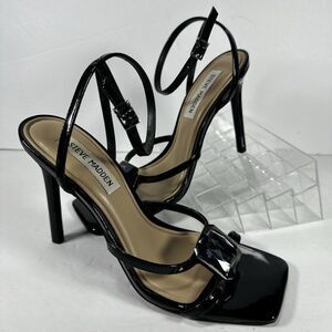 Steve Madden Passport Black Patent Jeweled Strappy Heels Sandals Square Toe 7.5M
